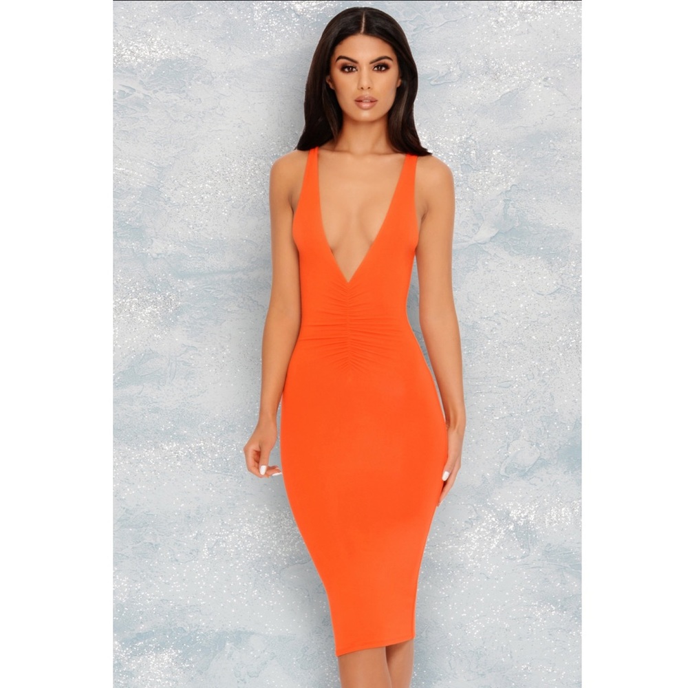 Oh Polly Orange Plunge Midi Dress